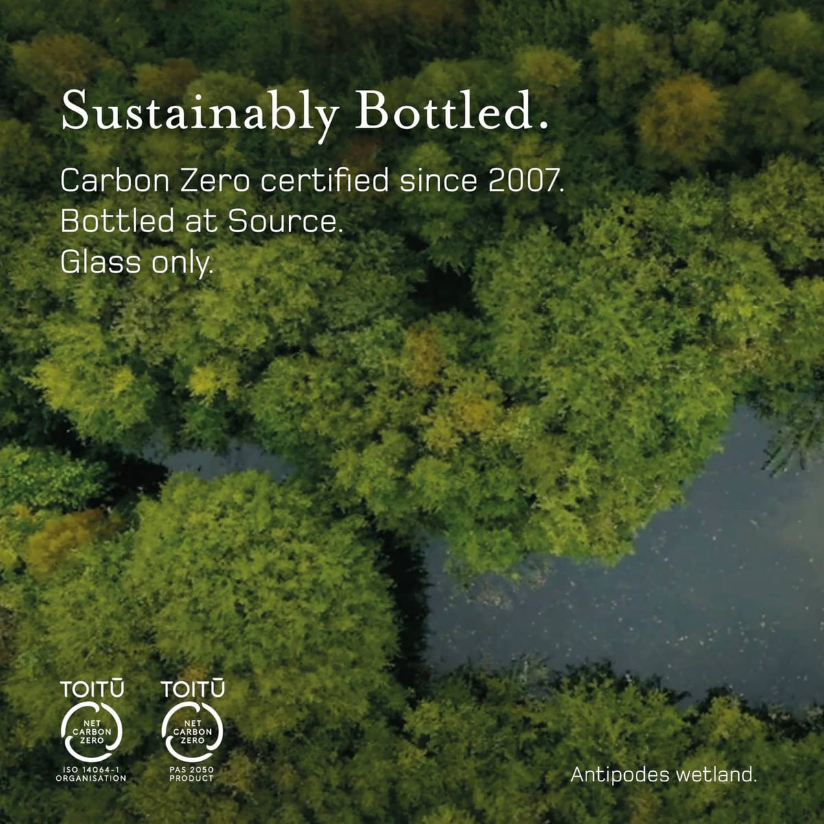 Sustainably bottled sparkling water graphic with carbon zero and wetland marks