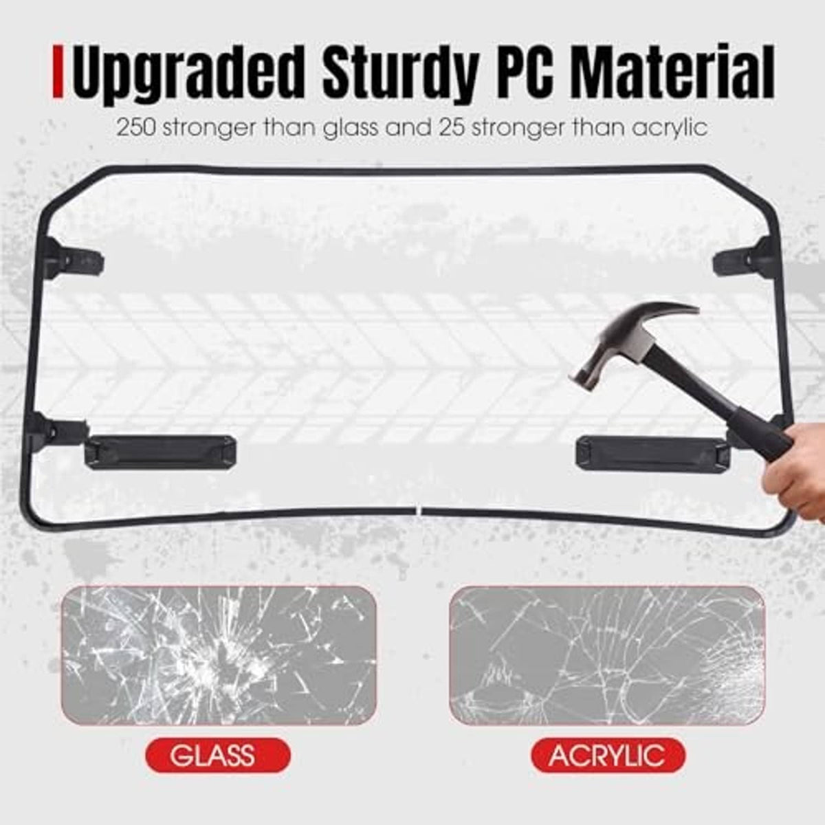 Sturdy full front windshield panel with black frame and installation clamps