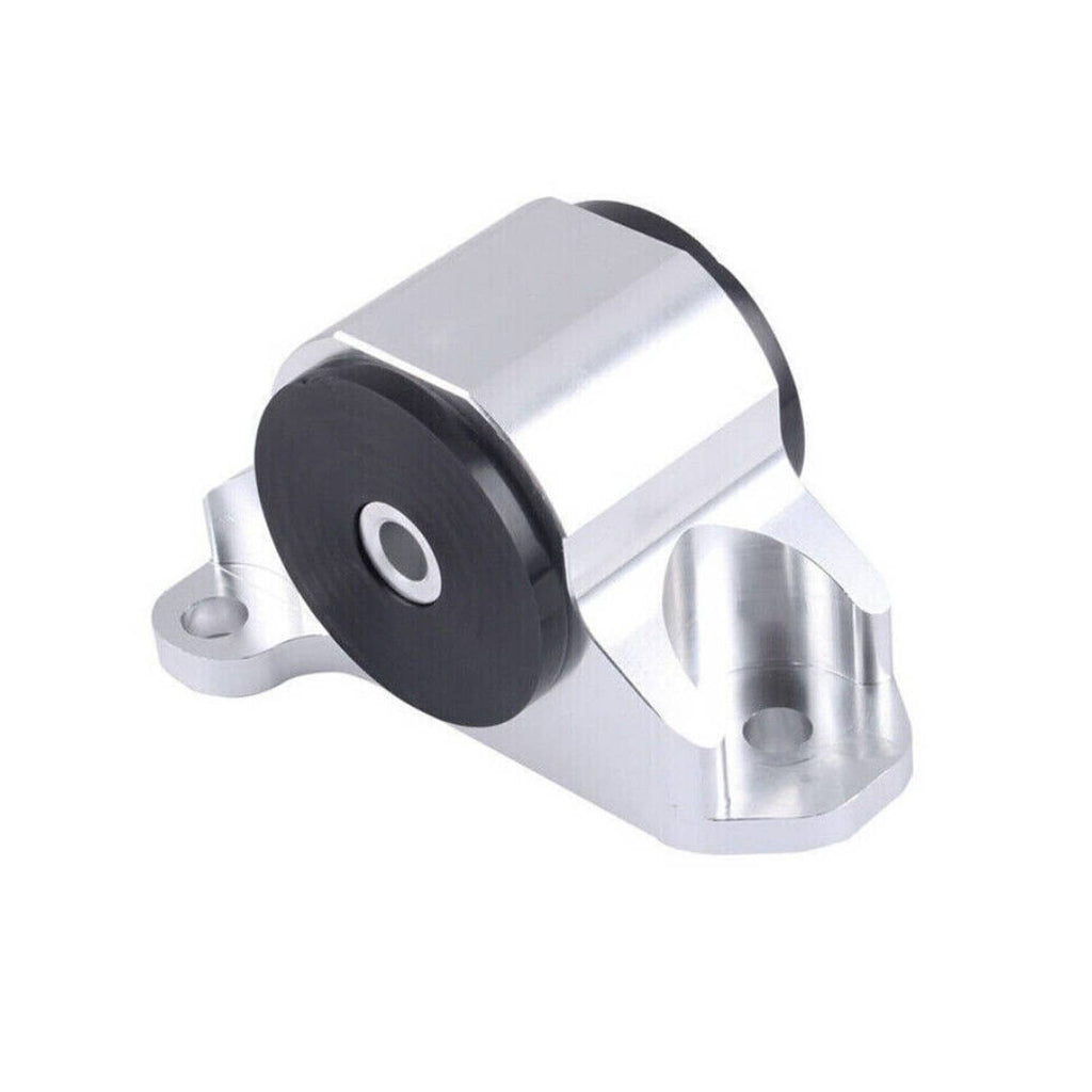 Silver motor mount with black rubber bushing and side mounting holes, studio angle