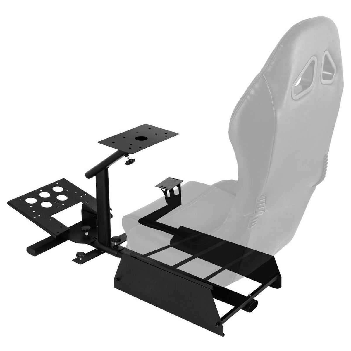 Racing simulator wheel stand with gray bucket seat and black frame with mounting points