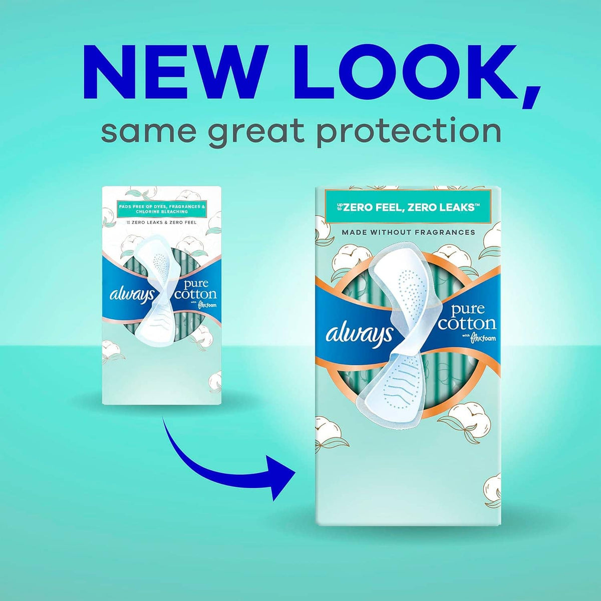 Feminine pads cartons showcasing flexfoam and zero feel, zero leaks