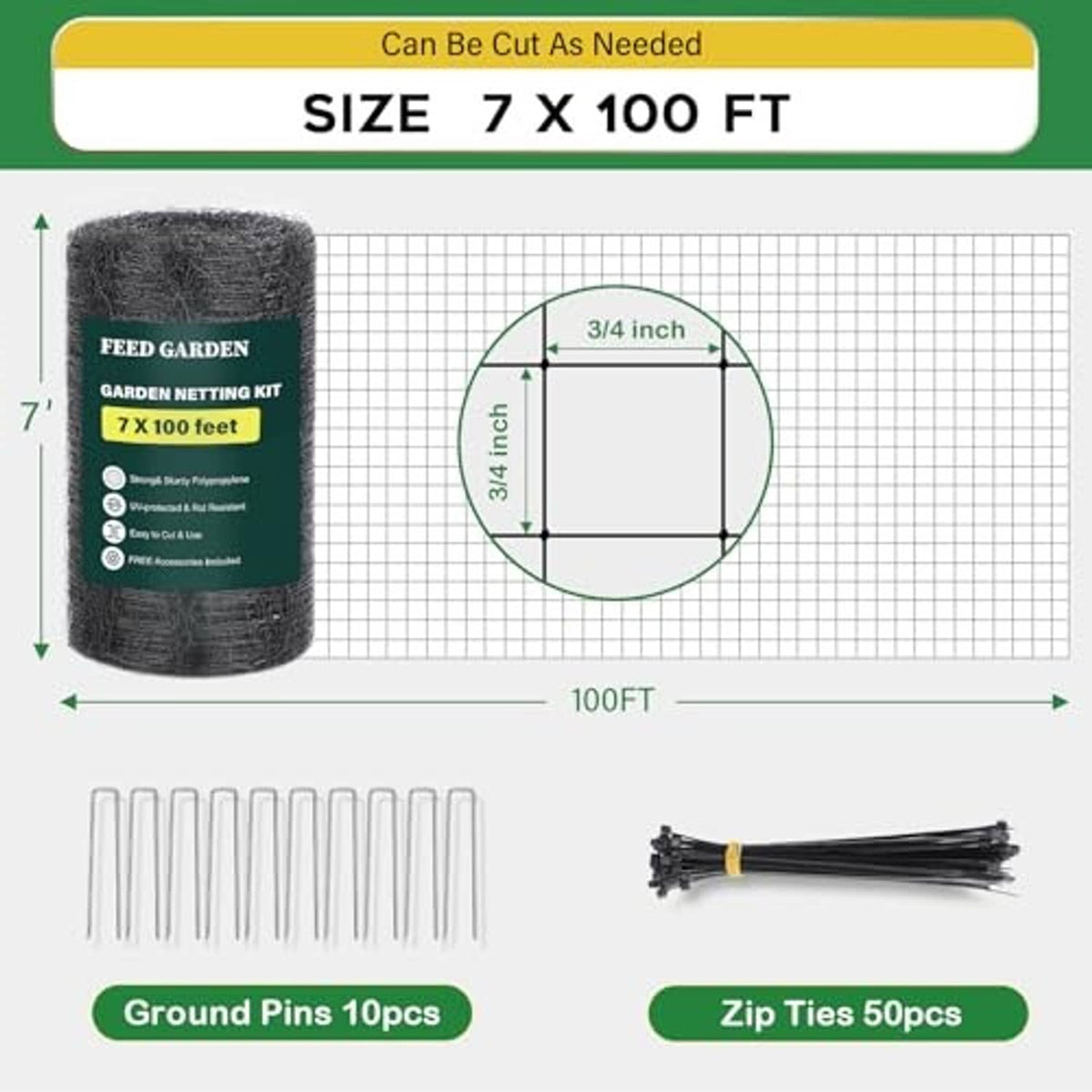 Garden netting kit size 7 x 100 ft, black roll with pins and zip ties shown