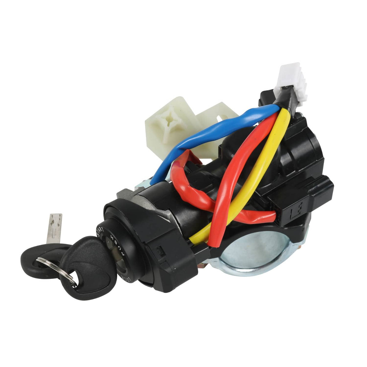 Ignition lock switch assembly with key cylinder, multicolor wiring, and metal mounting