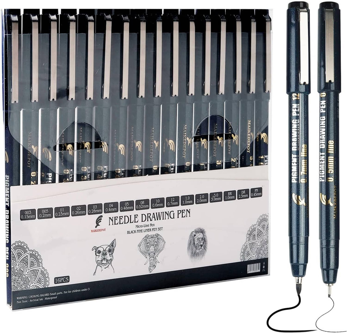 16-pack needle drawing pen set with waterproof black ink, assorted nib sizes, pens included