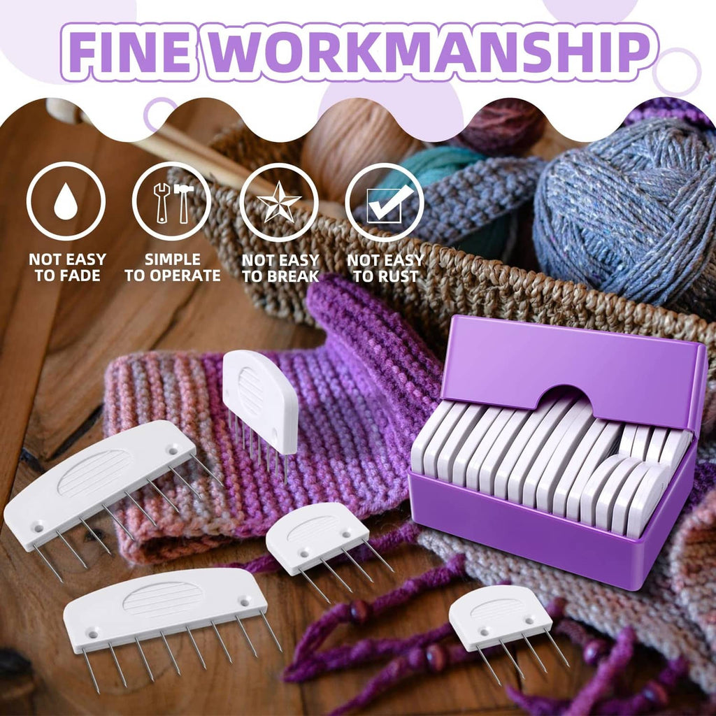 Multiple white knit blockers with pins and purple storage box
