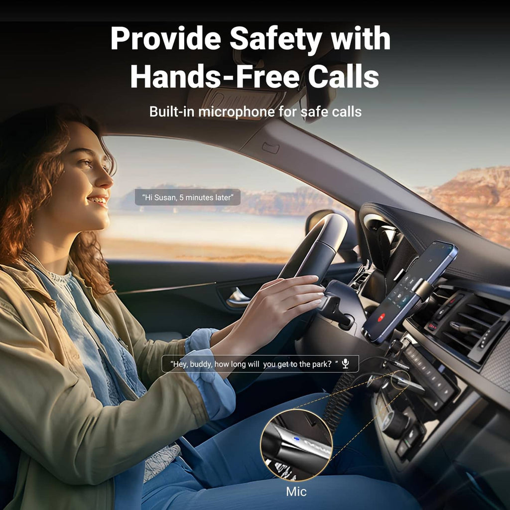 Bluetooth aux adapter in car with coiled cable and mic for hands-free calls