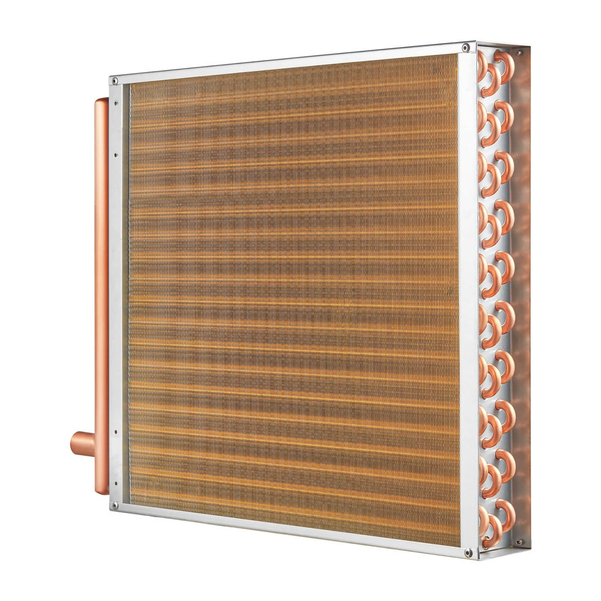 Water-to-air heat exchanger with copper fins and silver frame, rectangular unit