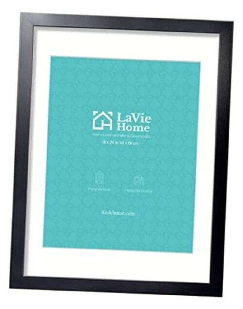 Black picture frame with white mat, holding turquoise artwork print