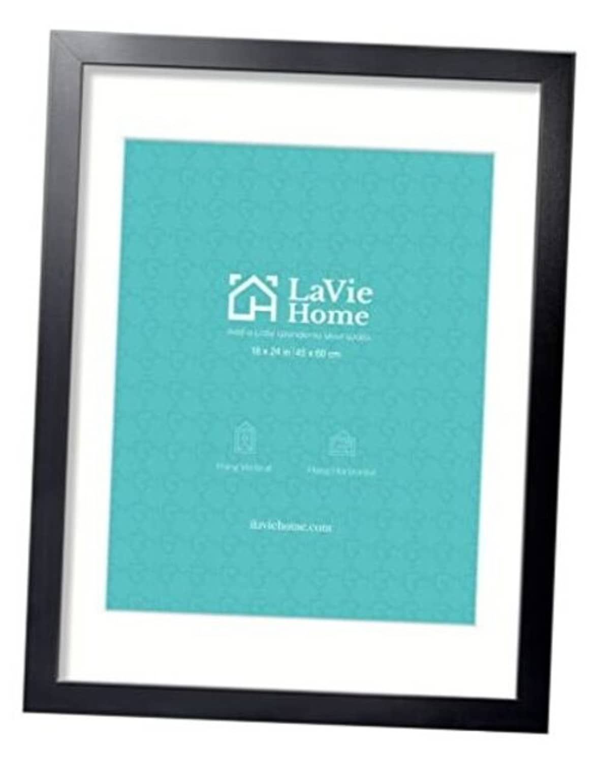 Black picture frame with white mat, holding turquoise artwork print