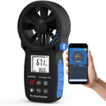 Black handheld digital anemometer with LCD screen and blue side buttons