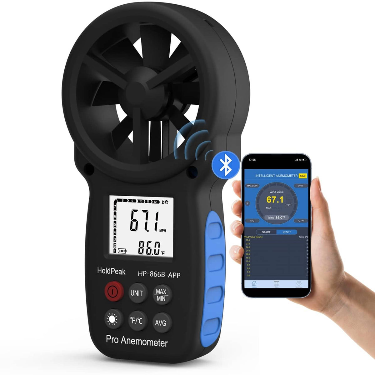 Black handheld digital anemometer with LCD screen and blue side buttons