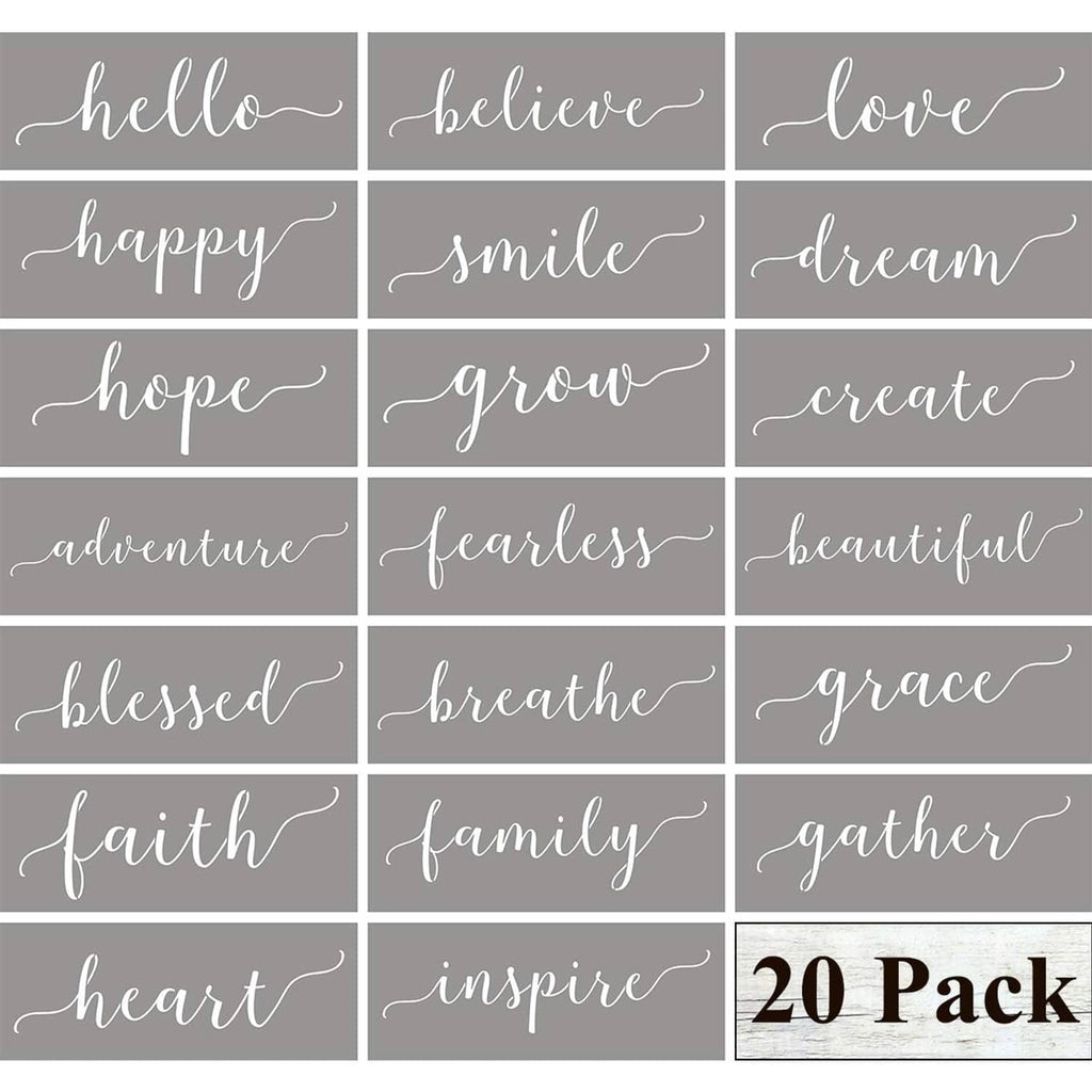 Large inspirational word stencil set on grey cards, includes phrases like hello, love, faith