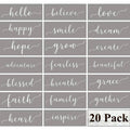 Large inspirational word stencil set on grey cards, includes phrases like hello, love, faith
