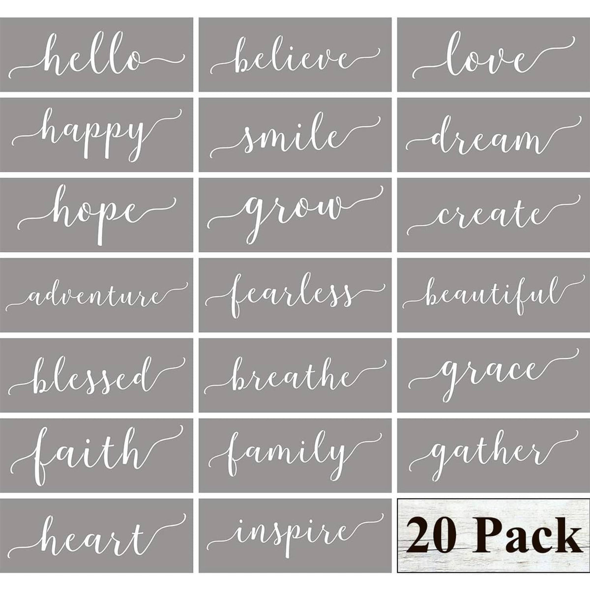 Large inspirational word stencil set on grey cards, includes phrases like hello, love, faith