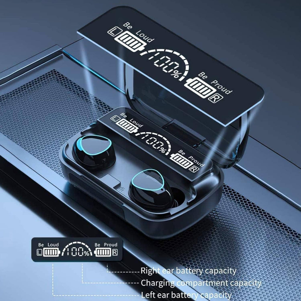 Wireless earbuds charging case with blue LED indicators and battery compartments