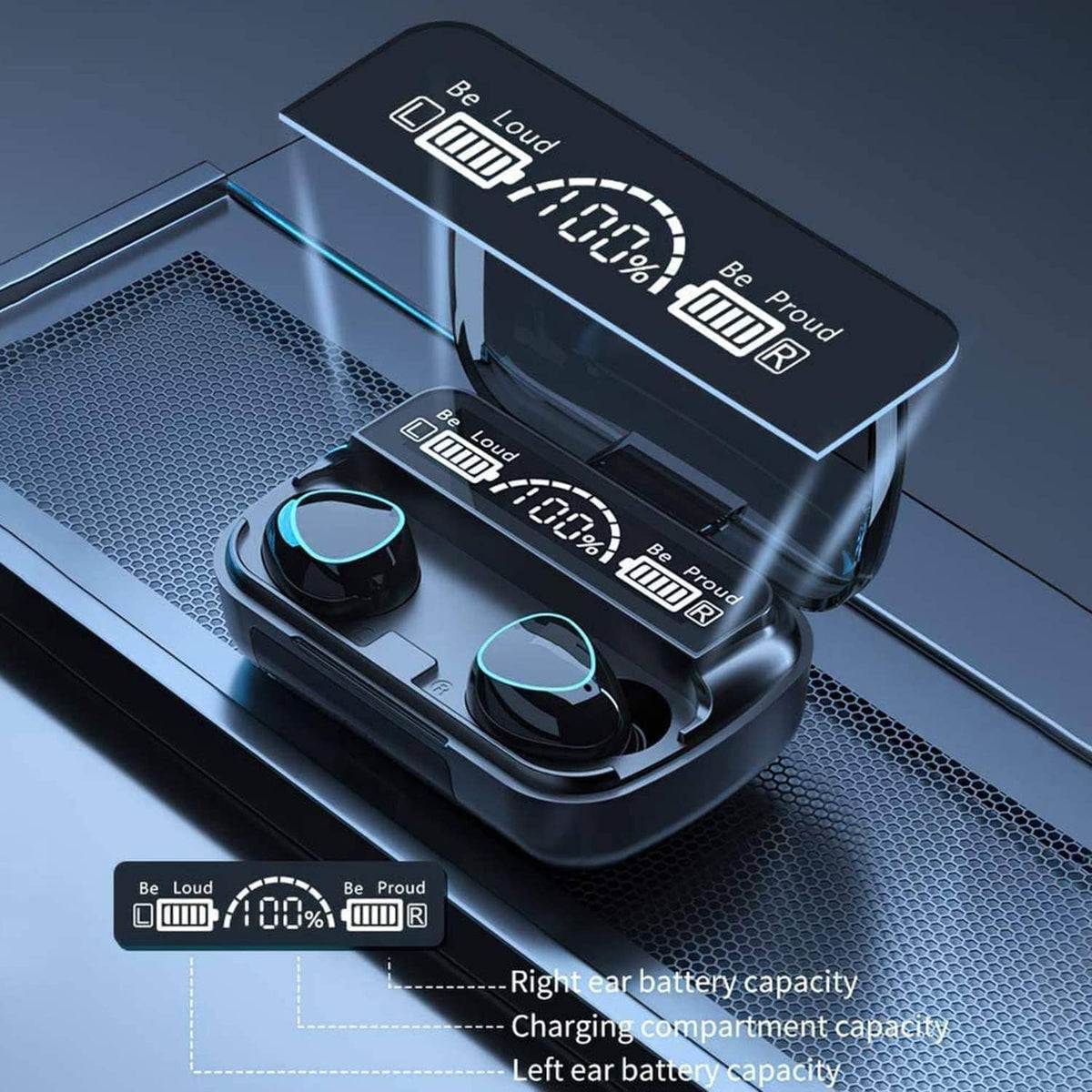 Wireless earbuds charging case with blue LED indicators and battery compartments