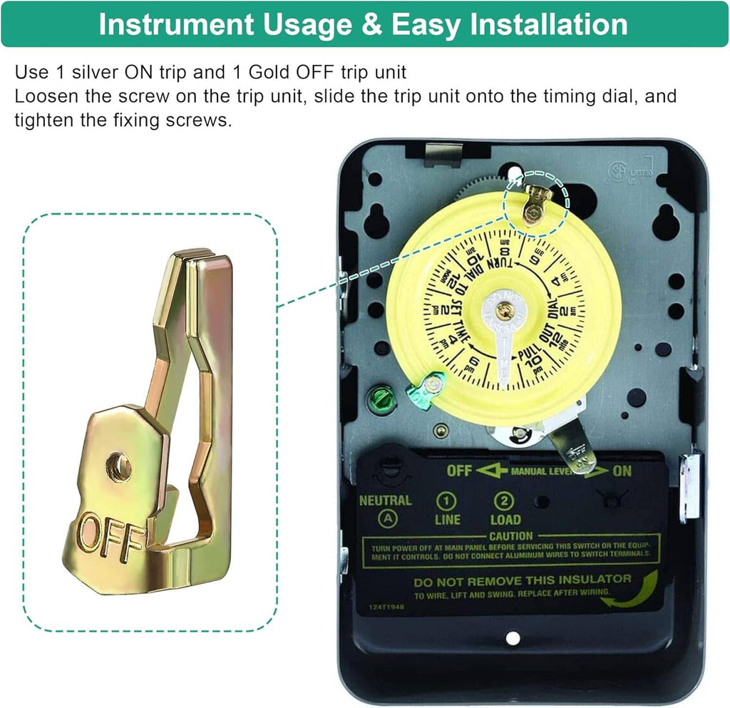 Time switch tripper installation showing gold OFF trip unit with timer dial housing