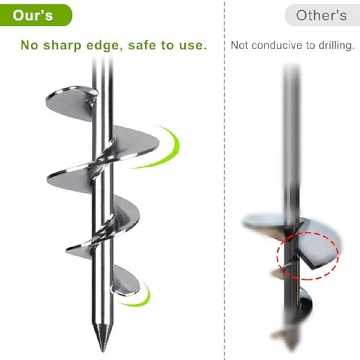 Spiral ground anchor stake with sharp pointed tip and helical auger, chrome finish.