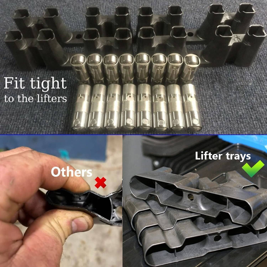 Hydraulic roller lifters and black guide trays, stacked parts on work surface