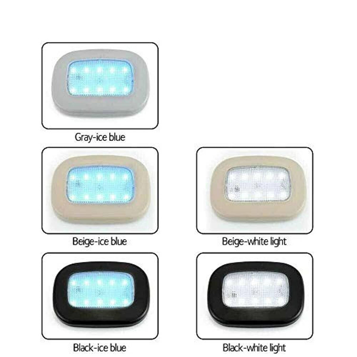 Car dome light color options: gray, beige, black shells and white/blue LEDs