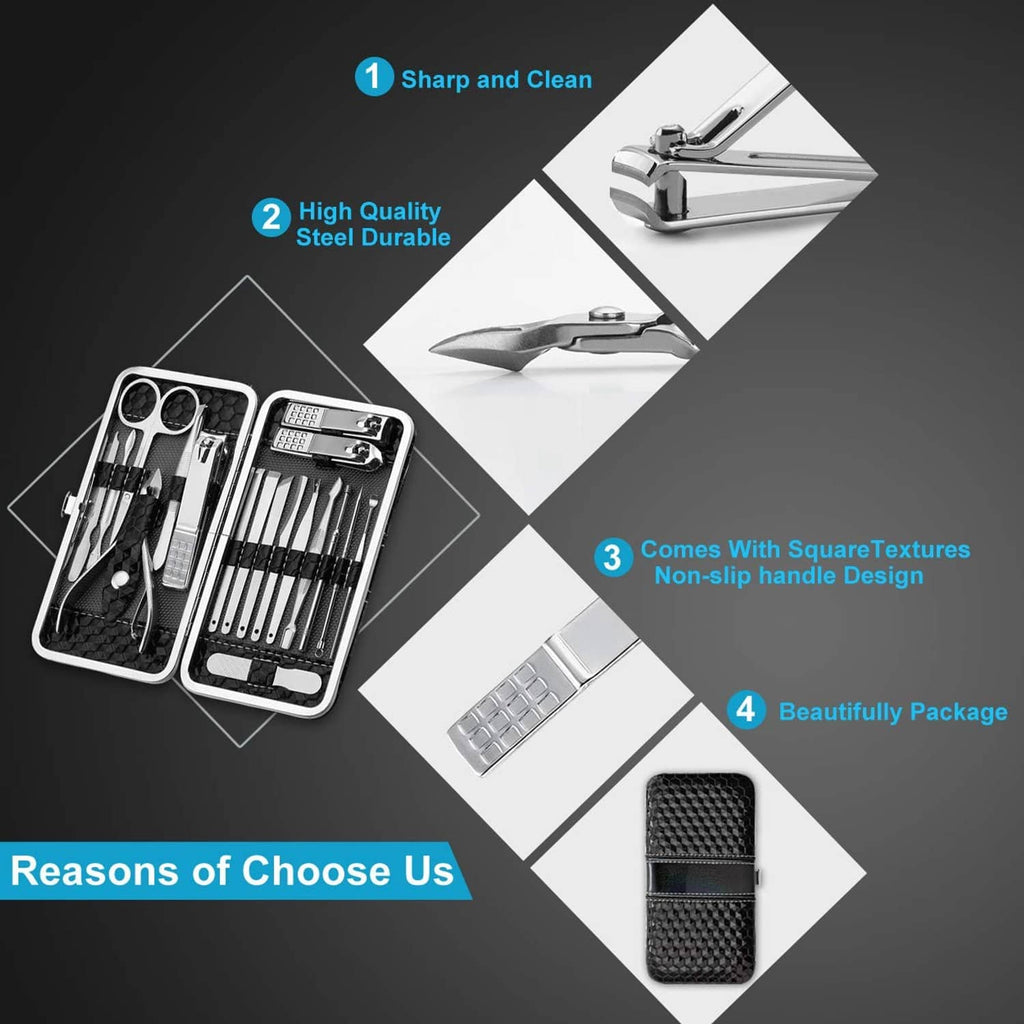 Nail clippers kit with cutters and files shown in a compact storage case