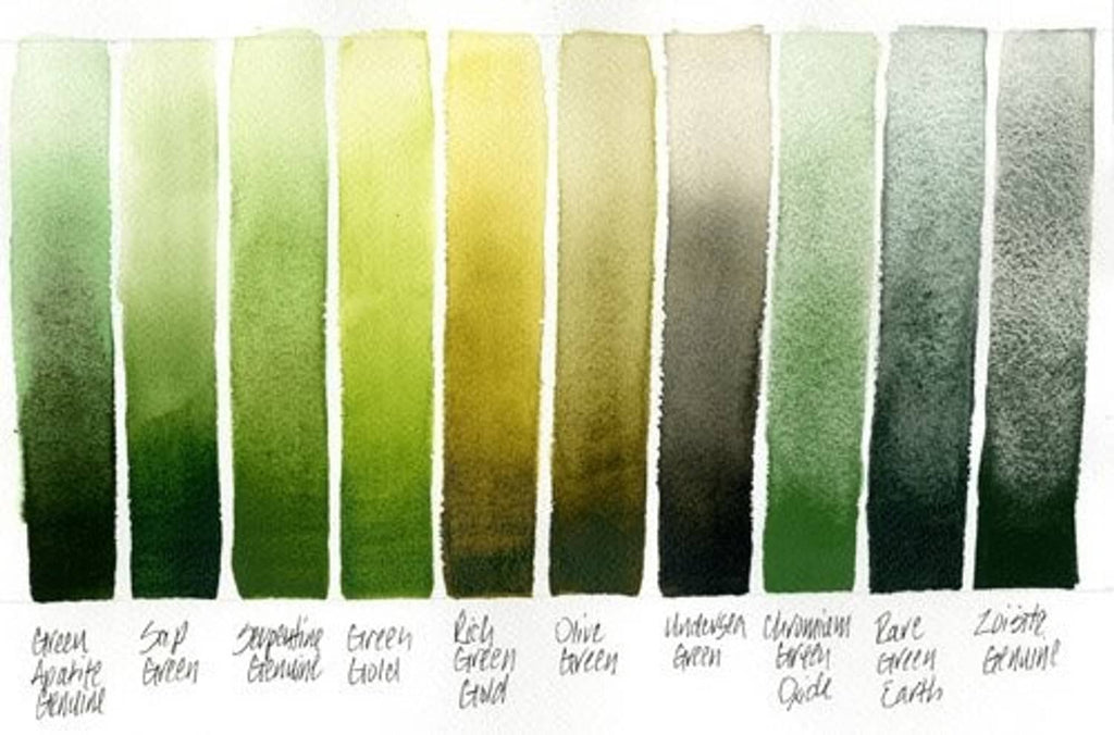 Green watercolor color chart with vertical wash stripes and handwritten labels