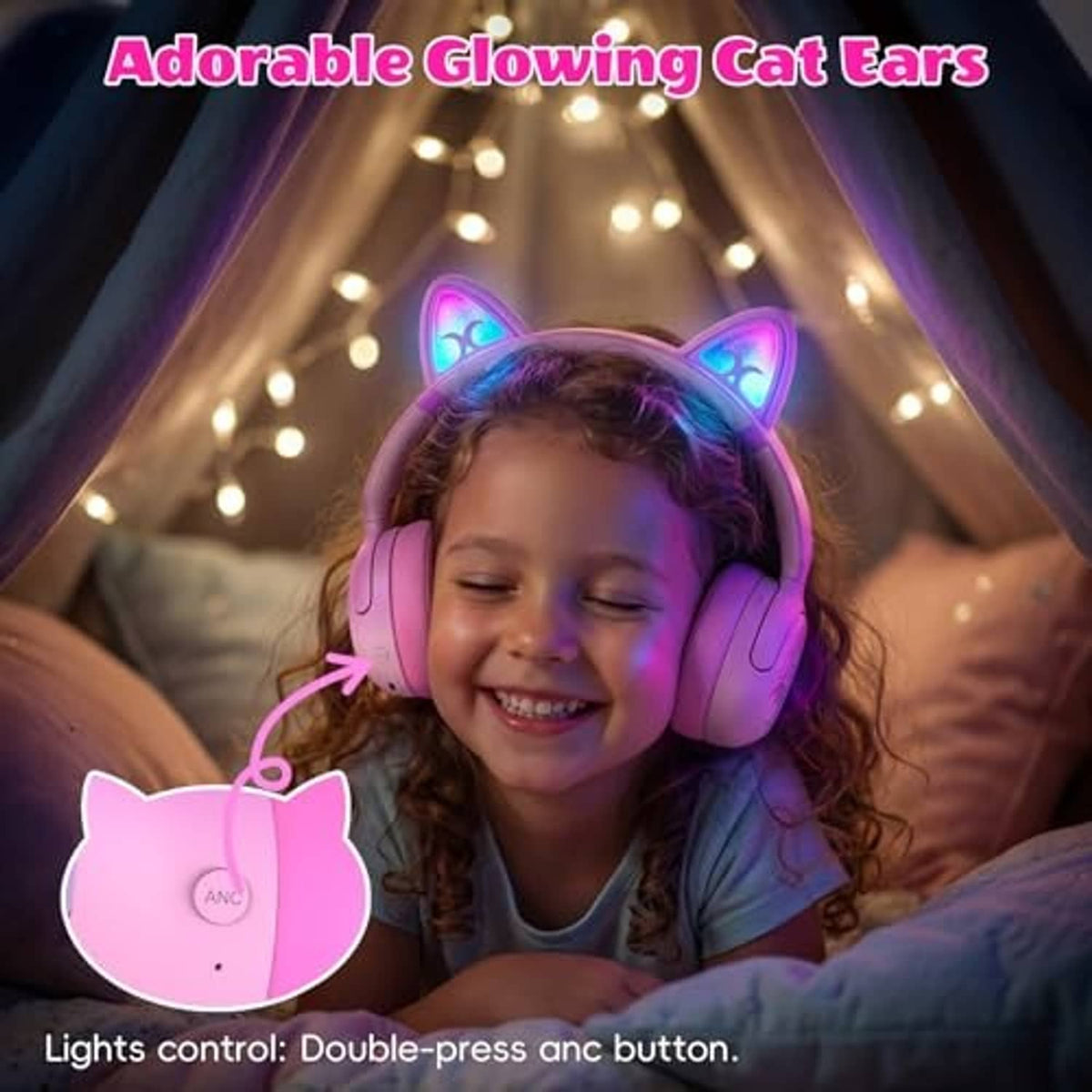 Pink over-ear headphones with glowing LED cat ears and padded ear cups