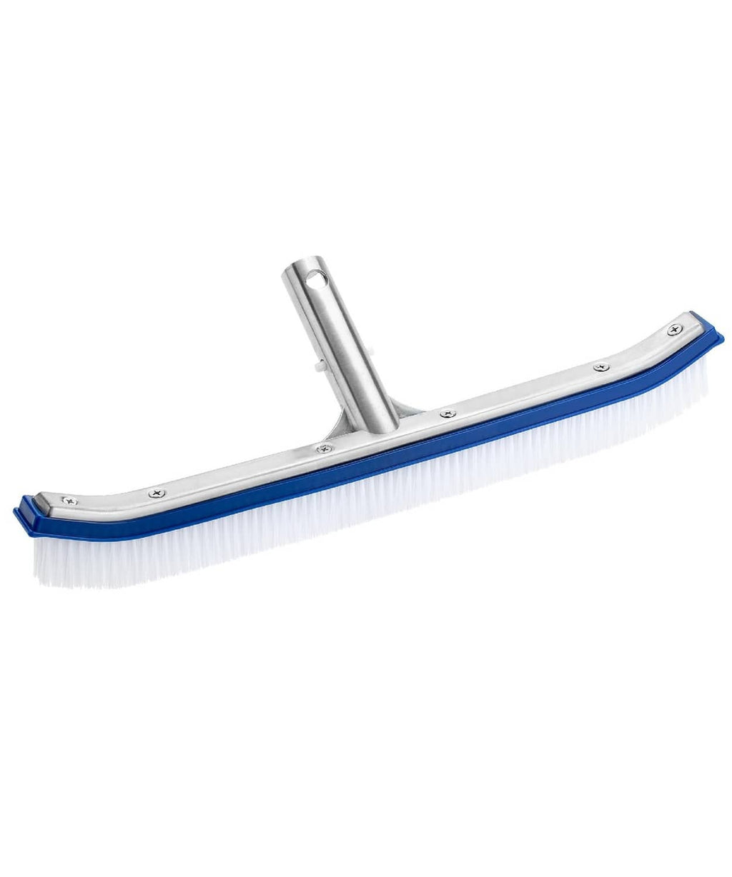 Long pool brush head with aluminum handle and blue bristle strip, angled for scrubbing