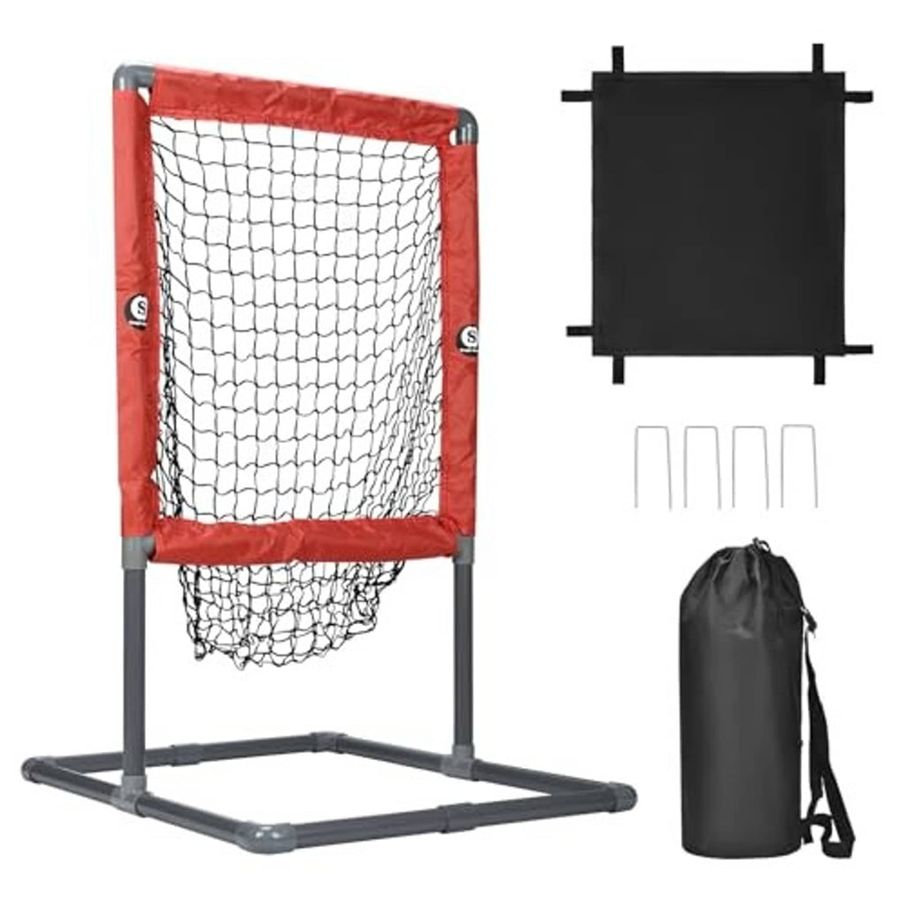 Baseball strike zone net set: red frame, white mesh panel, black target board, bag