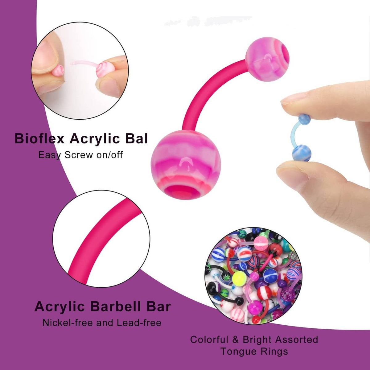 Pink acrylic curved barbell tongue ring with two rounded ball ends held in hand