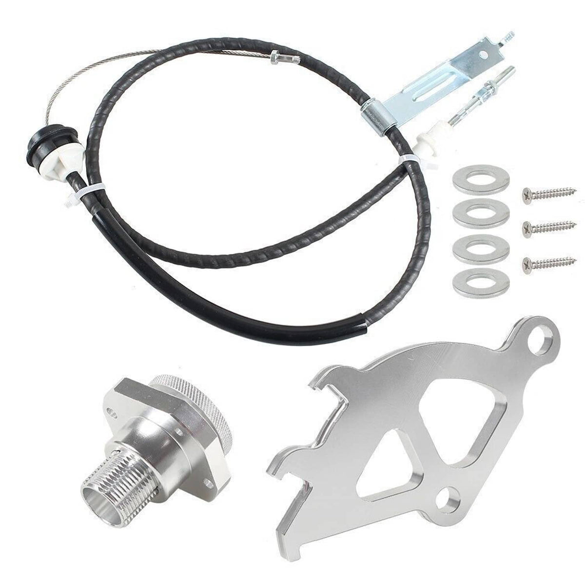 Clutch cable quadrant and firewall adjuster kit with black cable, regulator, bracket, washers, screws