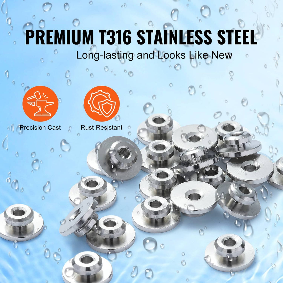 Set of stainless steel cable railing wheel protector sleeves with water droplet background