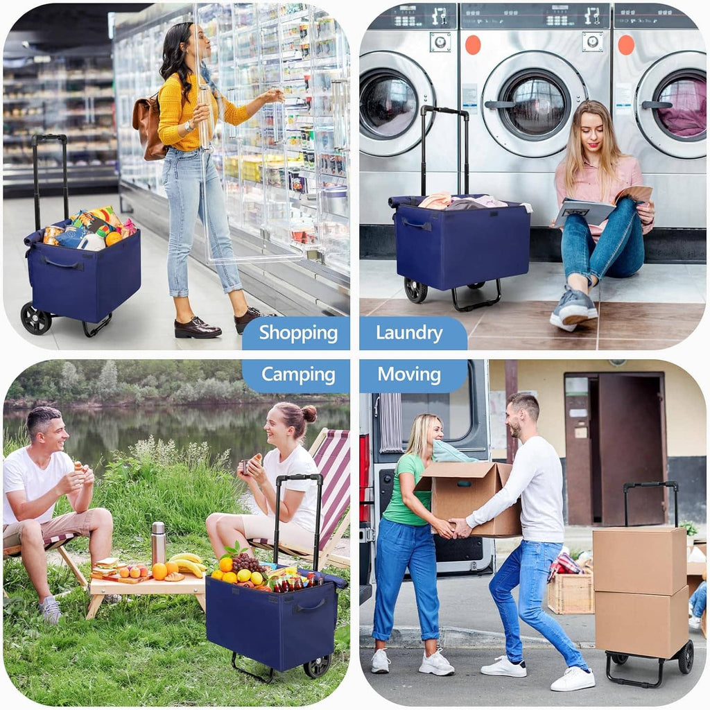 Blue 2-in-1 folding cart on wheels for shopping, laundry, camping, and moving