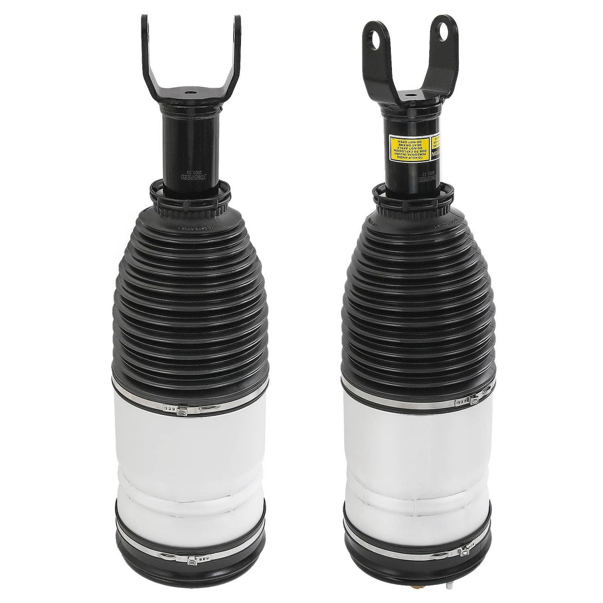 Air suspension strut pair, black bellows with white sleeves and top fork brackets
