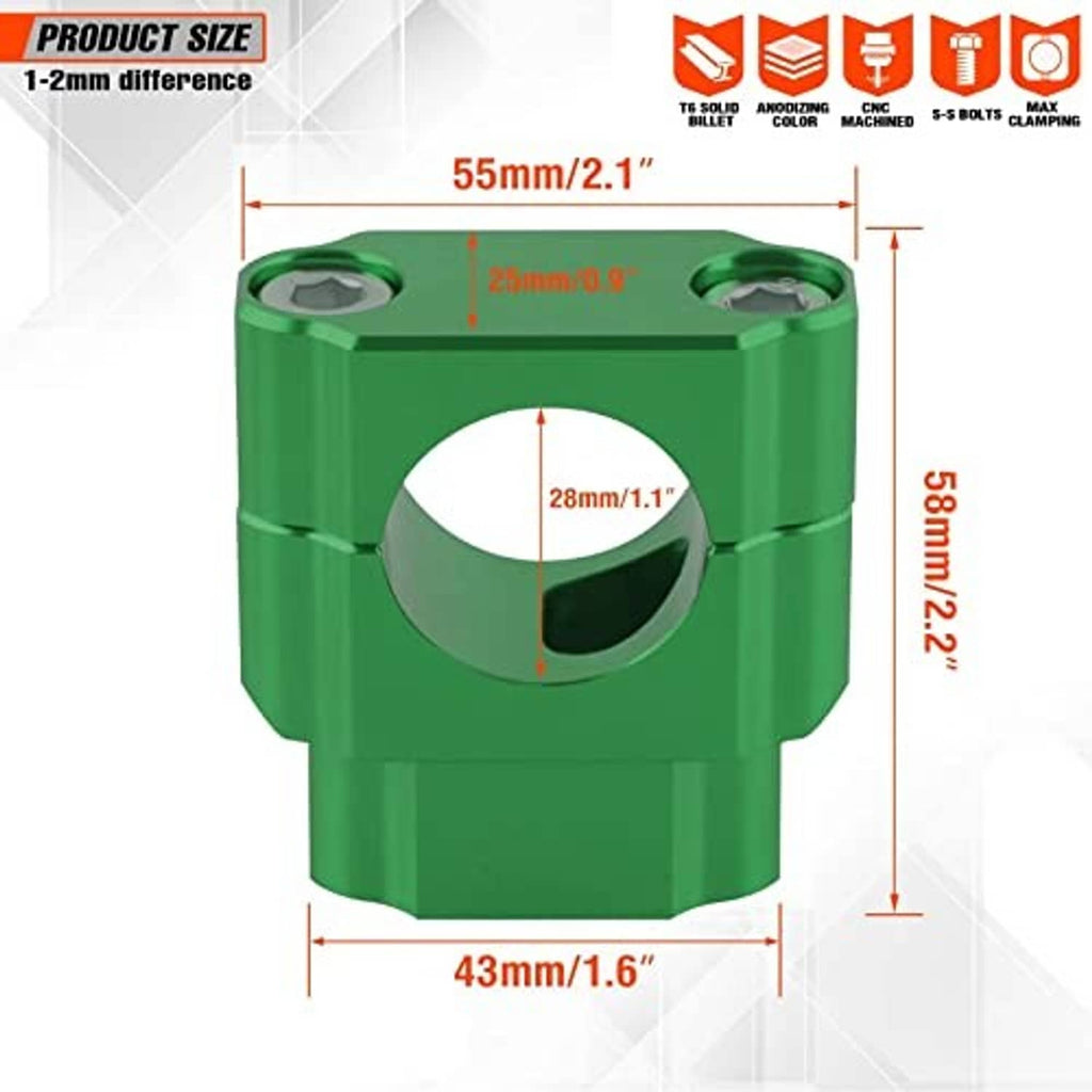 Green handlebar riser block with circular bore and two top mounting holes