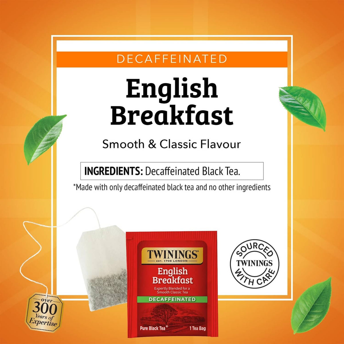 Twinings decaffeinated English Breakfast black tea bag box, smooth & classic flavour