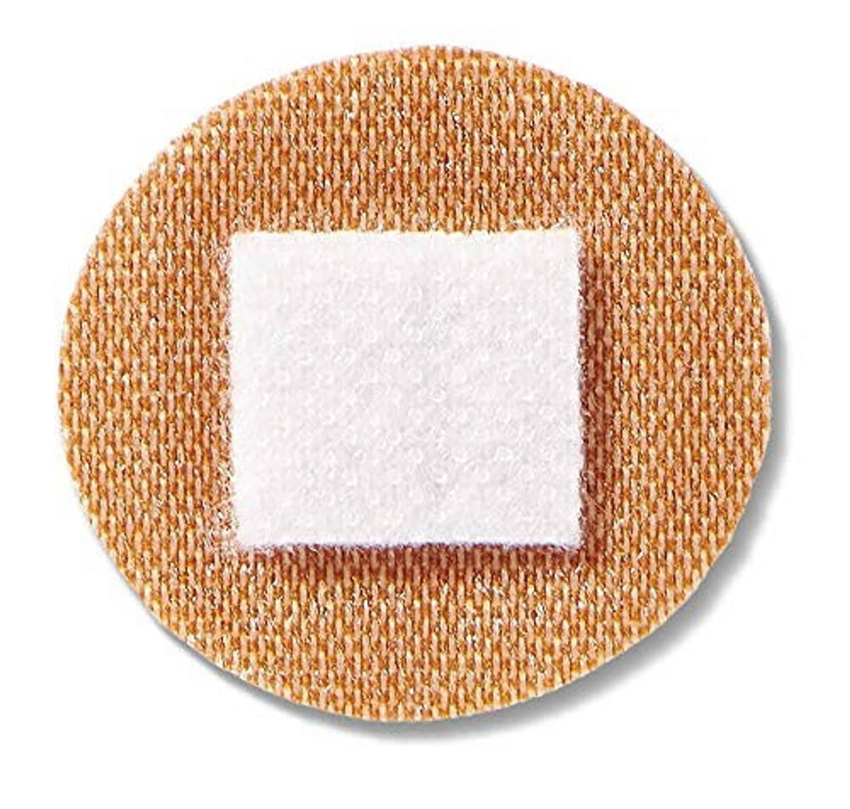Round brown adhesive fabric bandage with white square non-stick pad