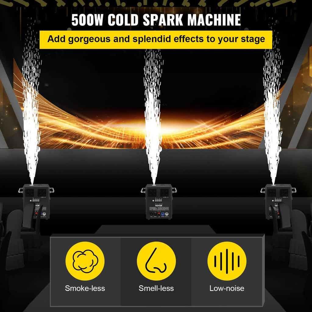 Cold spark machine display unit with projected cold sparks and remote function icons
