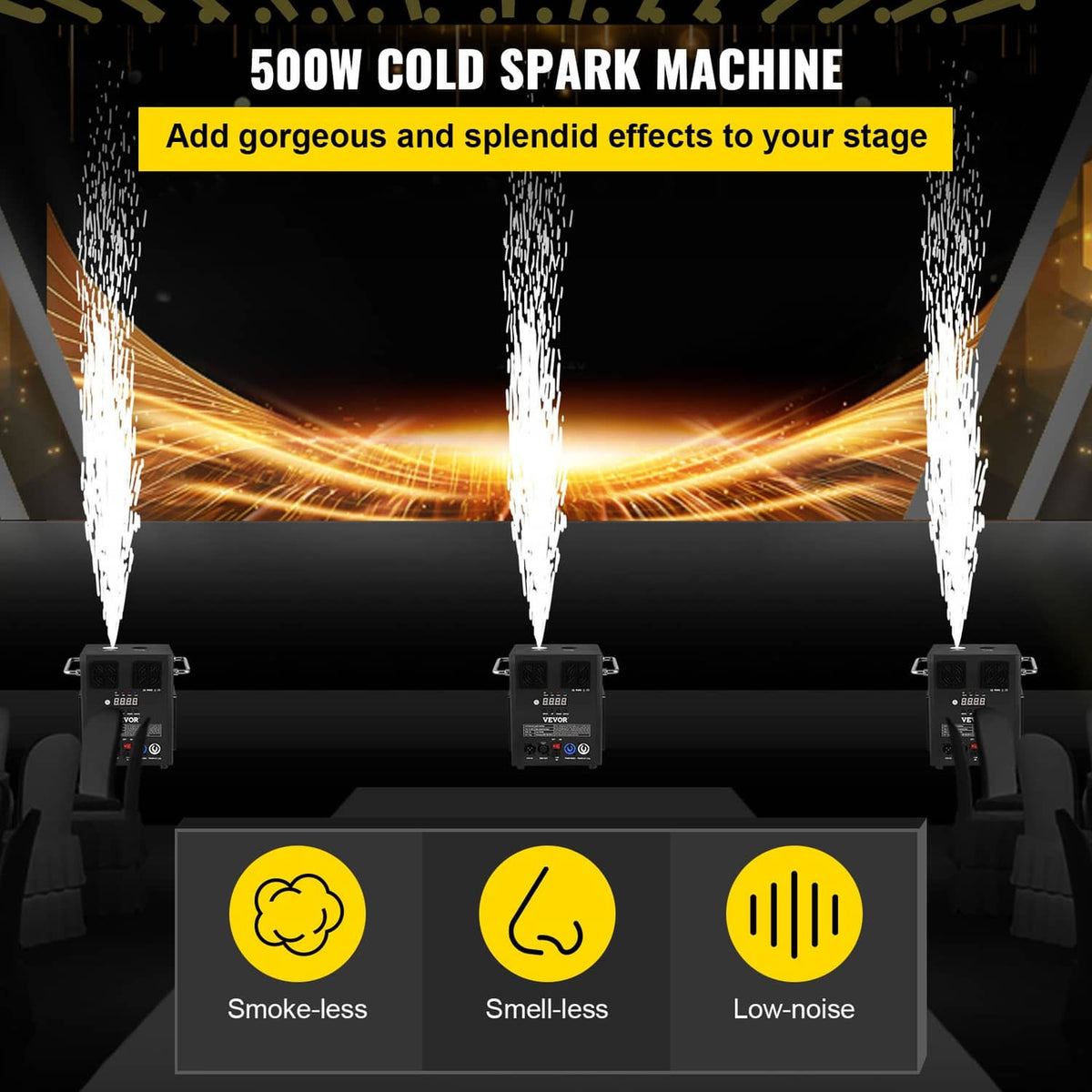 Cold spark machine display unit with projected cold sparks and remote function icons