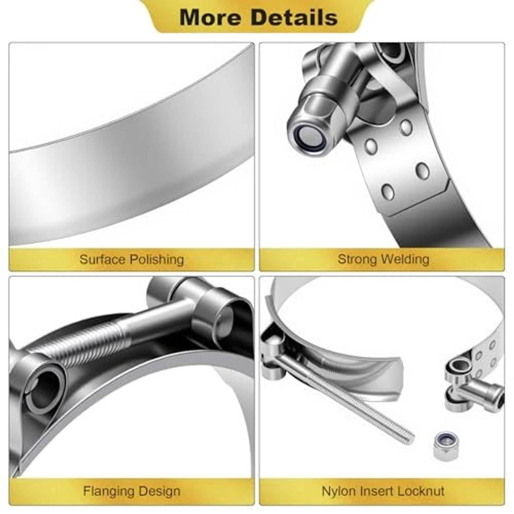 T-bolt hose clamp band with smooth polished finish and welded connection housing