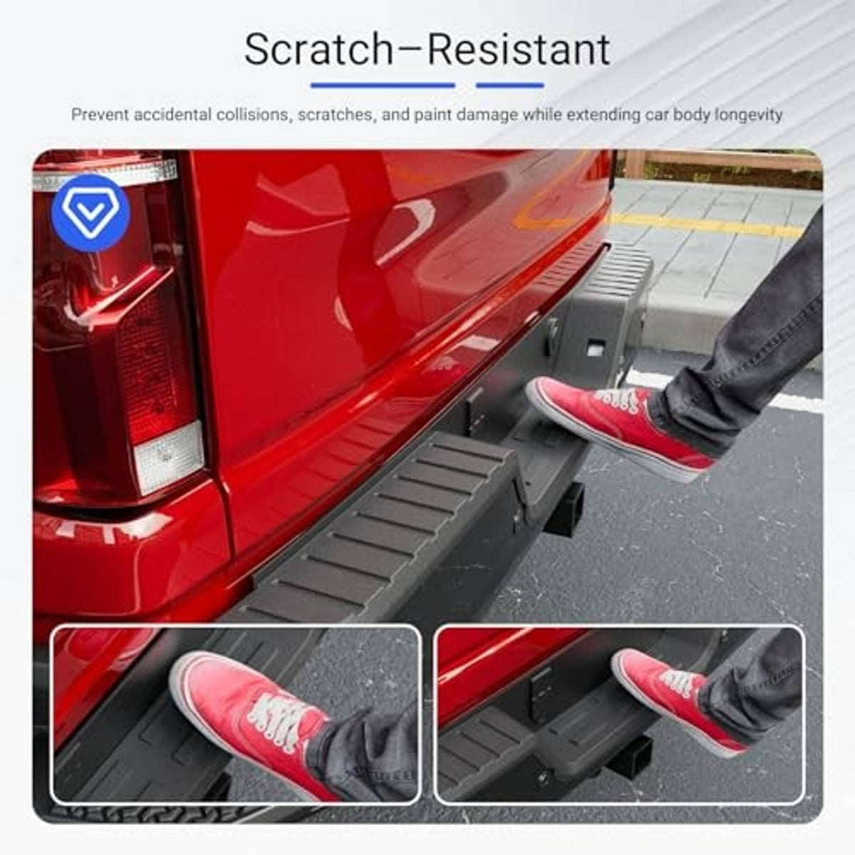 Rear bumper step pad, black anti-slip textured strip on vehicle rear bumper