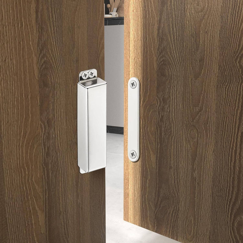Stainless steel magnetic door catch with rectangular housing and mounting screws