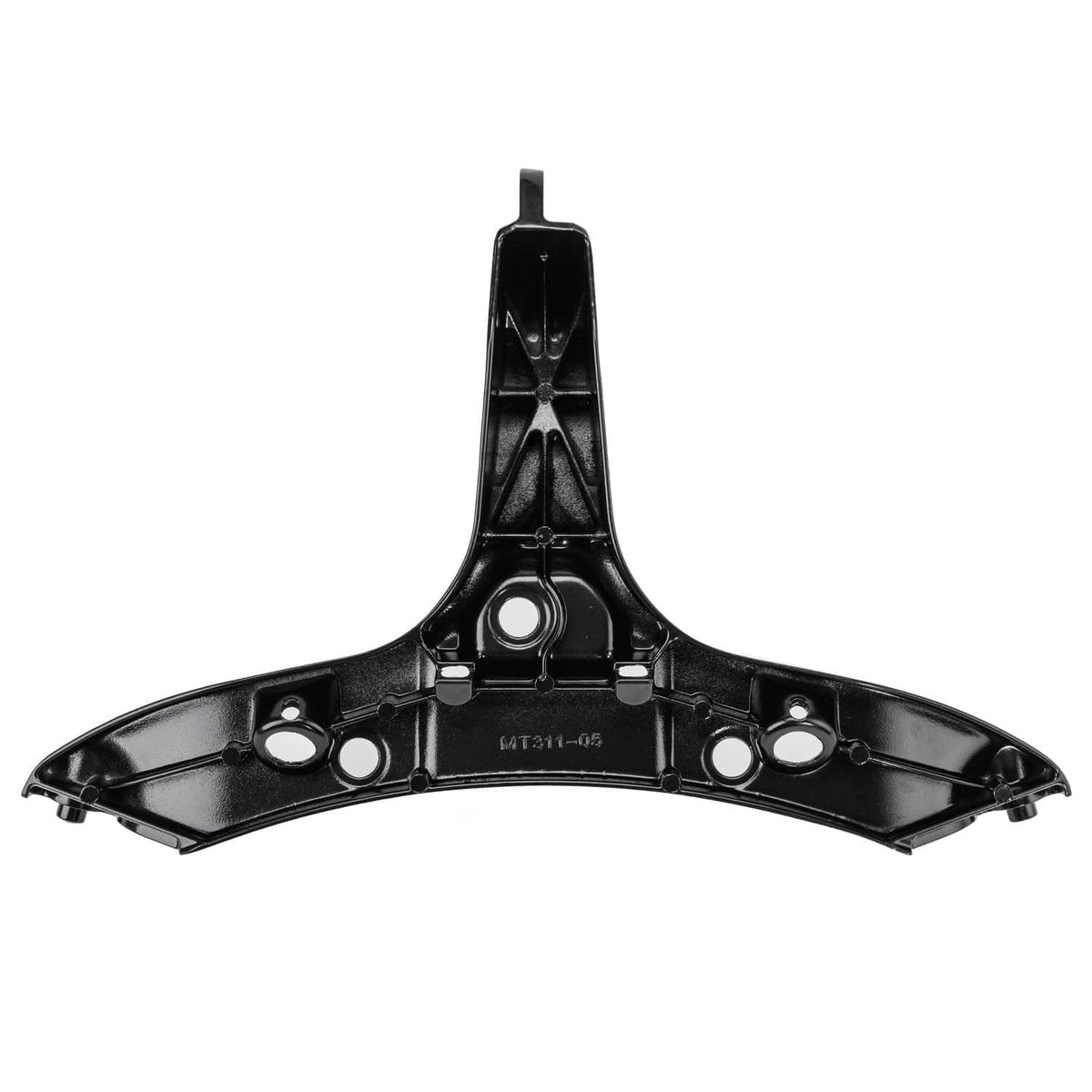 Front fairing stay bracket, black metal upper cross brace with circular mounting holes