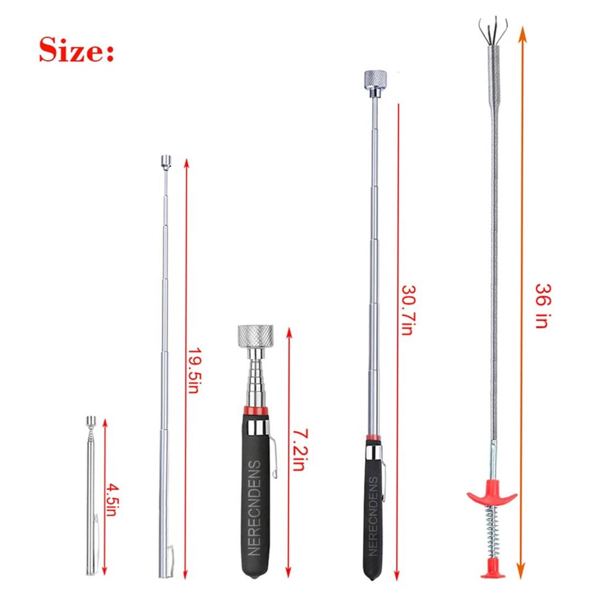 Extendable magnetic pick-up tools showing multiple lengths and flexible magnet end