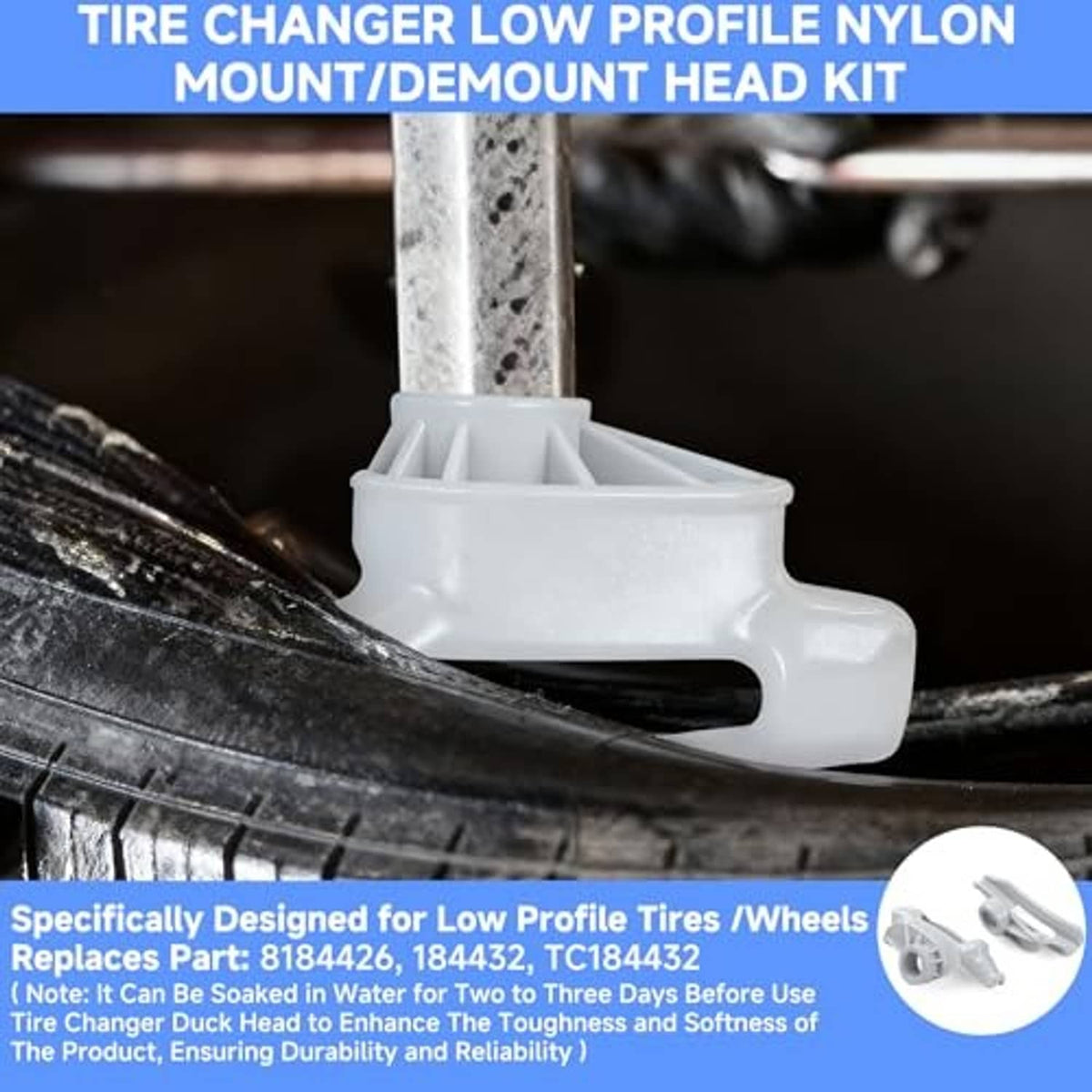 White low-profile nylon mount/demount duck head on tire changer post, close-up