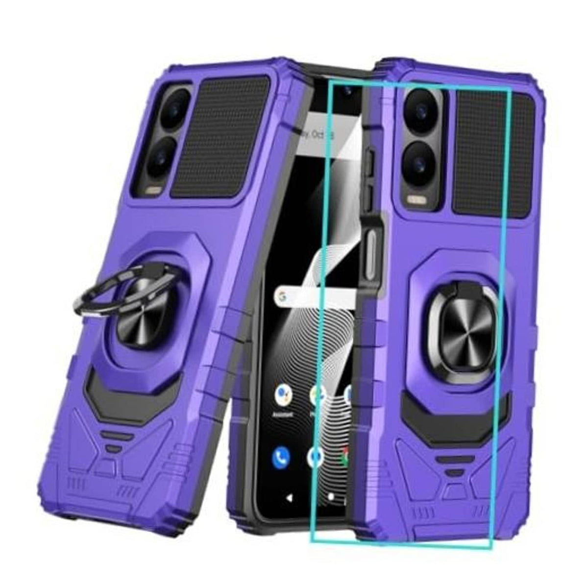 Purple rugged dual-layer phone case with textured back, ring holder, and screen protector