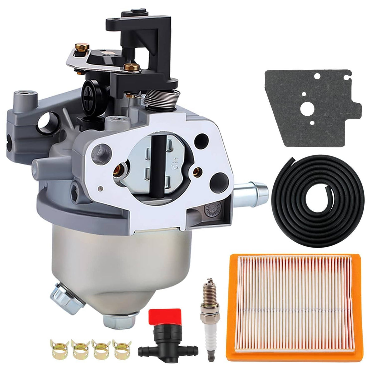 Carburetor assembly kit with gasket plate, fuel lines, air filter element, and fittings
