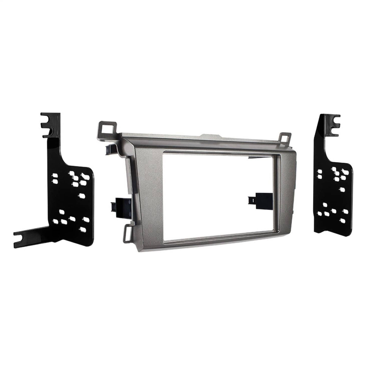 Double-DIN dash kit with gray bezel and black mounting brackets, mounting holes included