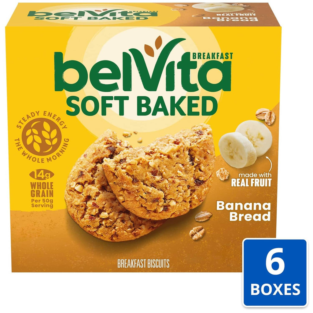 Belvita Soft Baked Banana Bread breakfast biscuits box with banana bread biscuit illustration