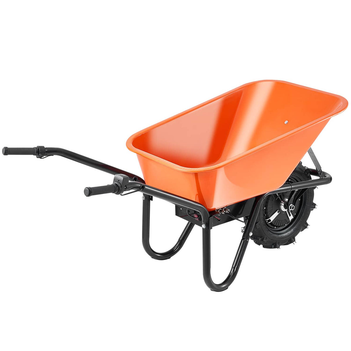 Electric wheelbarrow cart with orange dump tub and black handles, single wheel.